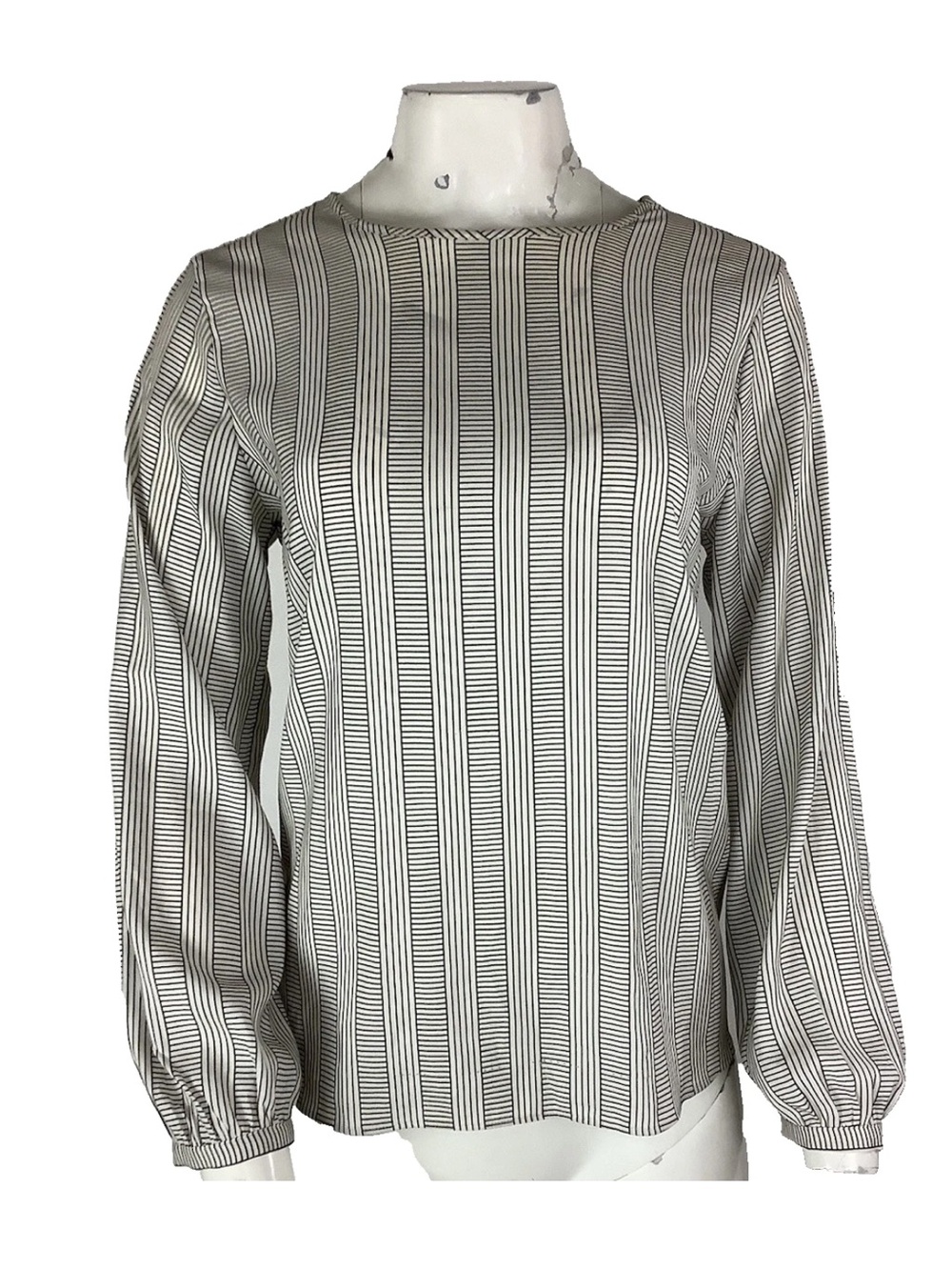 Ann Taylor Sz MP Tie Back Long Sleeve Striped Business Interview Blouse Gray